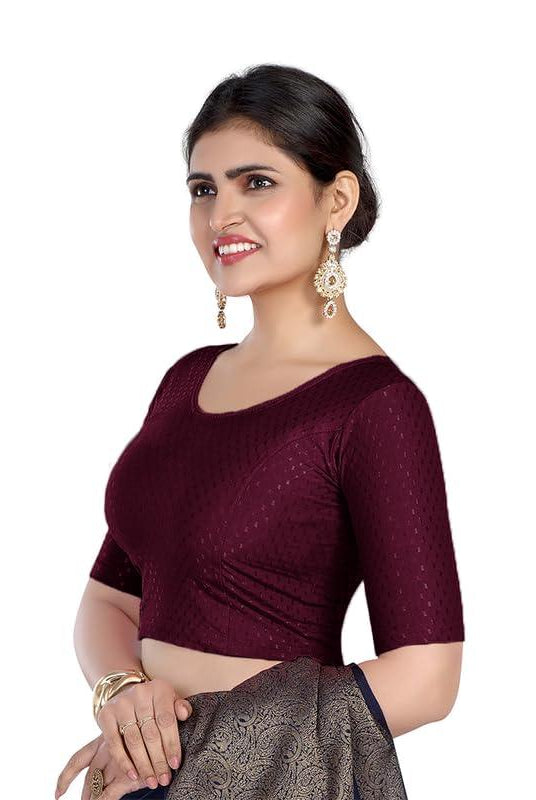 FINESTFIT Round Neck 100% Cotton Dobby Fabric Stretchable Elbow Sleeve Readymade Saree Blouse for Women.4096