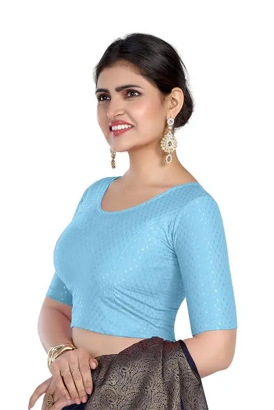 FINESTFIT Round Neck 100% Cotton Dobby Fabric Stretchable Elbow Sleeve Readymade Saree Blouse for Women.4096