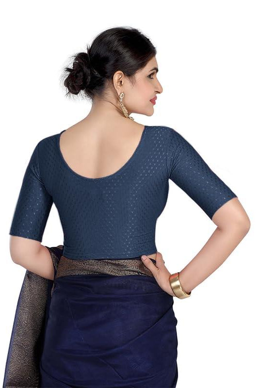 FINESTFIT Round Neck 100% Cotton Dobby Fabric Stretchable Elbow Sleeve Readymade Saree Blouse for Women.4096