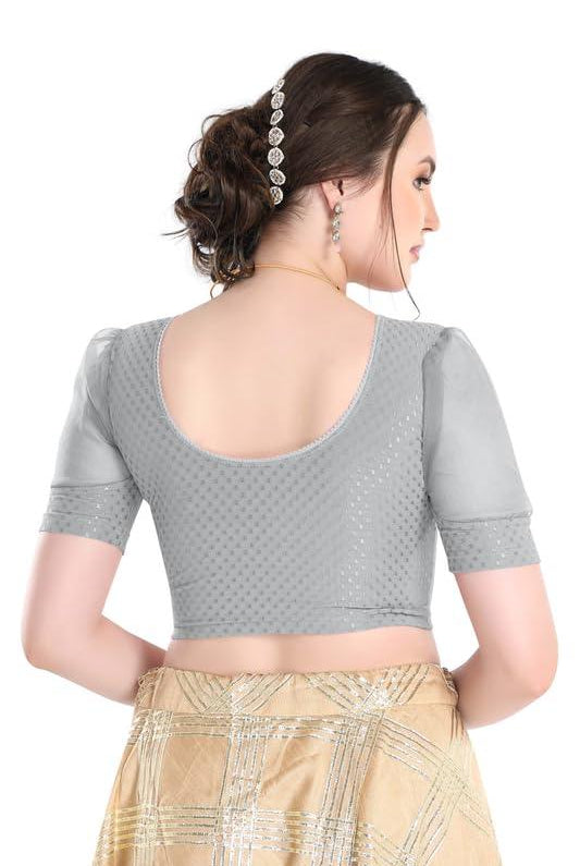 FINESTFIT Stay On Trend Latest Fashion 100% Cotton Dobby Readymade Blouses for Women,Round Neckline with Organza Balloon Sleeves.4520