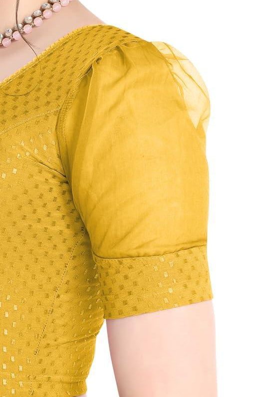 FINESTFIT Stay On Trend Latest Fashion 100% Cotton Dobby Readymade Blouses for Women,Round Neckline with Organza Balloon Sleeves.4520