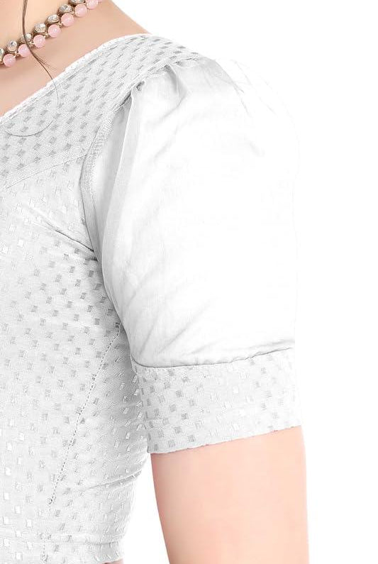 FINESTFIT Stay On Trend Latest Fashion 100% Cotton Dobby Readymade Blouses for Women,Round Neckline with Organza Balloon Sleeves.4520