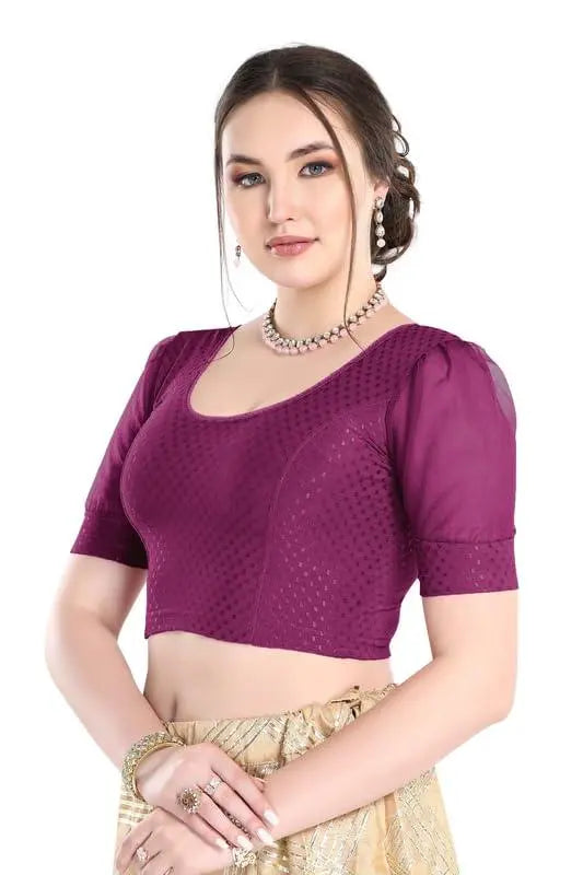 FINESTFIT Stay On Trend Latest Fashion 100% Cotton Dobby Readymade Blouses for Women,Round Neckline with Organza Balloon Sleeves.4520