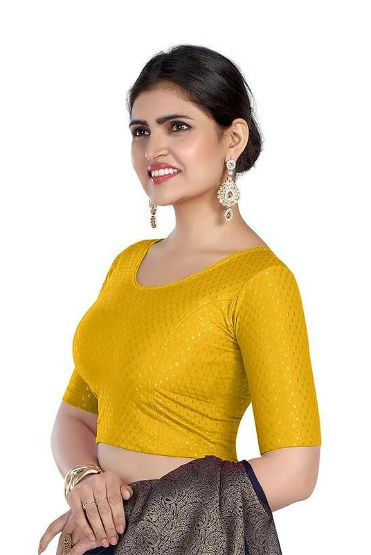 FINESTFIT Round Neck 100% Cotton Dobby Fabric Stretchable Elbow Sleeve Readymade Saree Blouse for Women.4096