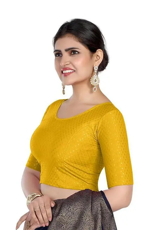 FINESTFIT Round Neck 100% Cotton Dobby Fabric Stretchable Elbow Sleeve Readymade Saree Blouse for Women.4096