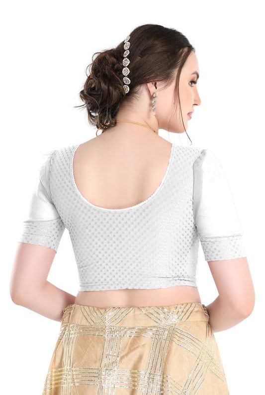 FINESTFIT Stay On Trend Latest Fashion 100% Cotton Dobby Readymade Blouses for Women,Round Neckline with Organza Balloon Sleeves.4520