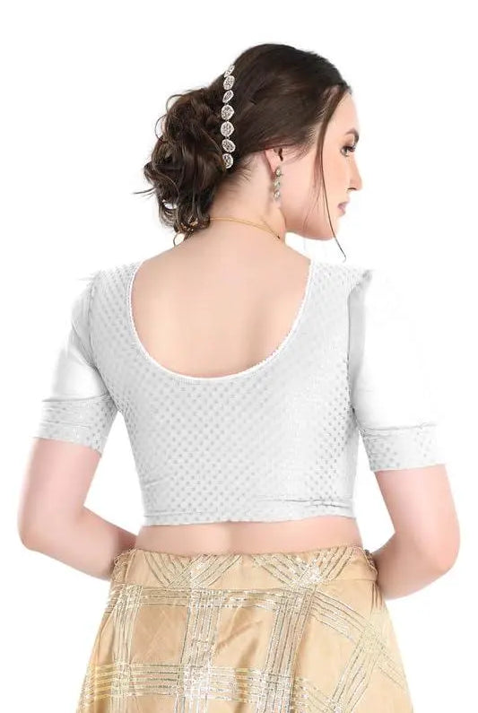 FINESTFIT Stay On Trend Latest Fashion 100% Cotton Dobby Readymade Blouses for Women,Round Neckline with Organza Balloon Sleeves.4520