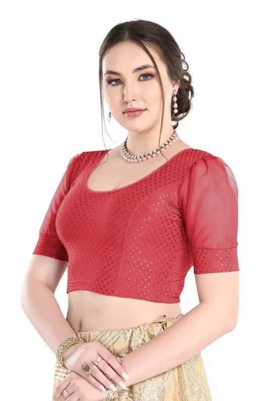 FINESTFIT Stay On Trend Latest Fashion 100% Cotton Dobby Readymade Blouses for Women,Round Neckline with Organza Balloon Sleeves.4520