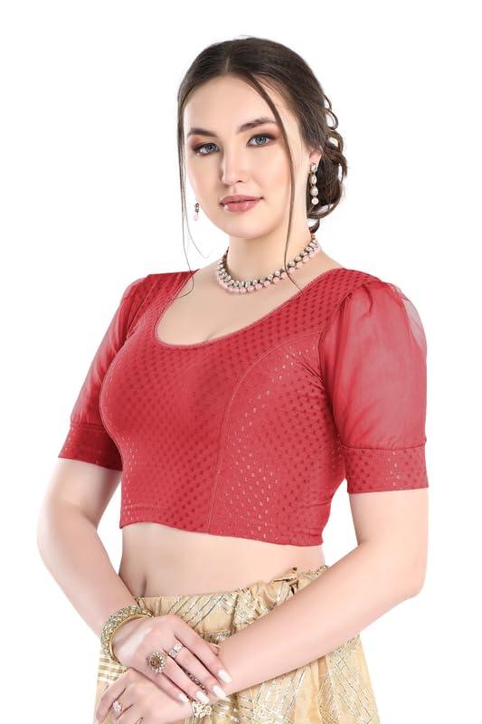 FINESTFIT Stay On Trend Latest Fashion 100% Cotton Dobby Readymade Blouses for Women,Round Neckline with Organza Balloon Sleeves.4520