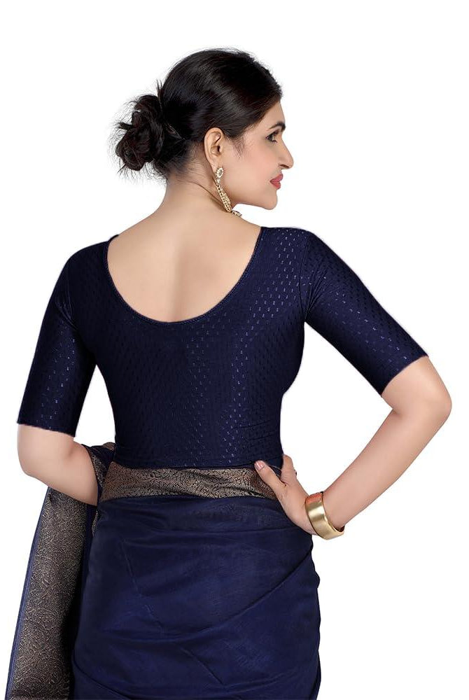 FINESTFIT Round Neck 100% Cotton Dobby Fabric Stretchable Elbow Sleeve Readymade Saree Blouse for Women.4096