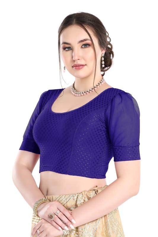 FINESTFIT Stay On Trend Latest Fashion 100% Cotton Dobby Readymade Blouses for Women,Round Neckline with Organza Balloon Sleeves.4520