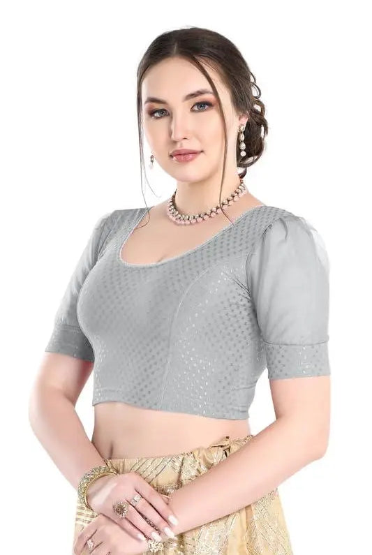 FINESTFIT Stay On Trend Latest Fashion 100% Cotton Dobby Readymade Blouses for Women,Round Neckline with Organza Balloon Sleeves.4520