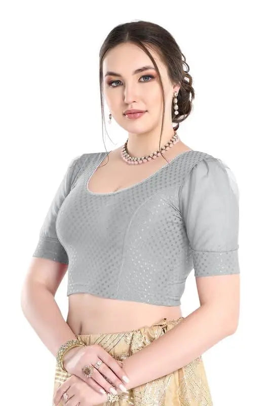 FINESTFIT Stay On Trend Latest Fashion 100% Cotton Dobby Readymade Blouses for Women,Round Neckline with Organza Balloon Sleeves.4520