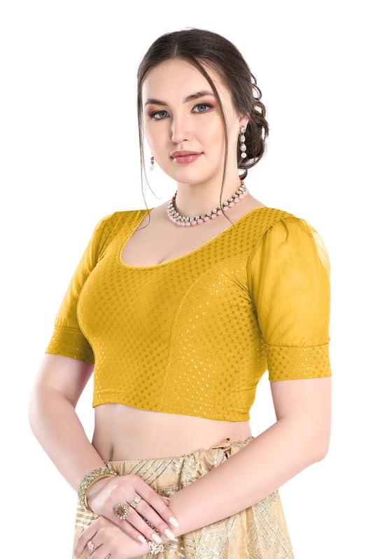 FINESTFIT Stay On Trend Latest Fashion 100% Cotton Dobby Readymade Blouses for Women,Round Neckline with Organza Balloon Sleeves.4520