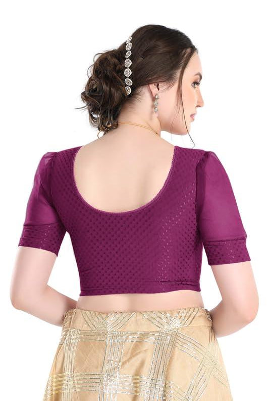 FINESTFIT Stay On Trend Latest Fashion 100% Cotton Dobby Readymade Blouses for Women,Round Neckline with Organza Balloon Sleeves.4520