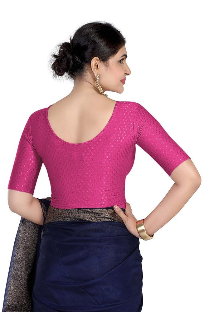FINESTFIT Round Neck 100% Cotton Dobby Fabric Stretchable Elbow Sleeve Readymade Saree Blouse for Women.4096