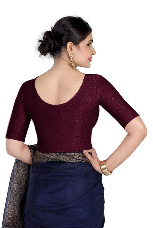 FINESTFIT Round Neck 100% Cotton Dobby Fabric Stretchable Elbow Sleeve Readymade Saree Blouse for Women.4096