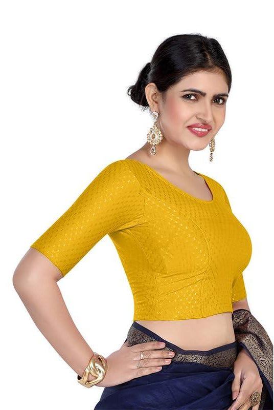 FINESTFIT Round Neck 100% Cotton Dobby Fabric Stretchable Elbow Sleeve Readymade Saree Blouse for Women.4096
