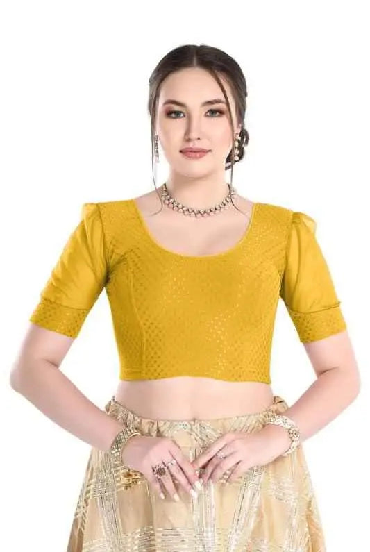 FINESTFIT Readymade Organza Balloon Sleeves Blouse for Women - 100% Cotton Dobby, Round Neckline, Latest Fashion 4520