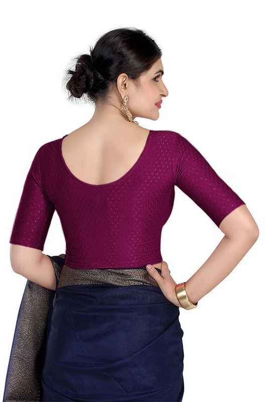FINESTFIT Round Neck 100% Cotton Dobby Fabric Stretchable Elbow Sleeve Readymade Saree Blouse for Women.4096