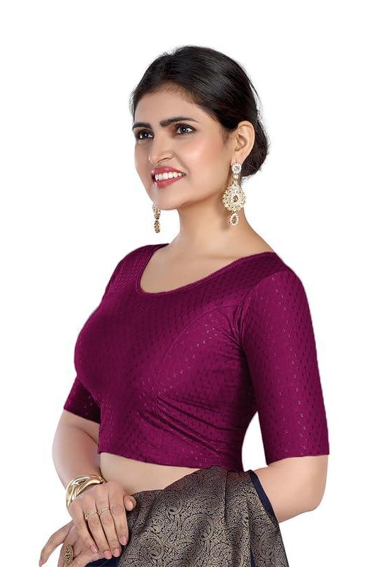 FINESTFIT Round Neck 100% Cotton Dobby Fabric Stretchable Elbow Sleeve Readymade Saree Blouse for Women.4096