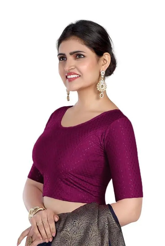 FINESTFIT Round Neck 100% Cotton Dobby Fabric Stretchable Elbow Sleeve Readymade Saree Blouse for Women.4096
