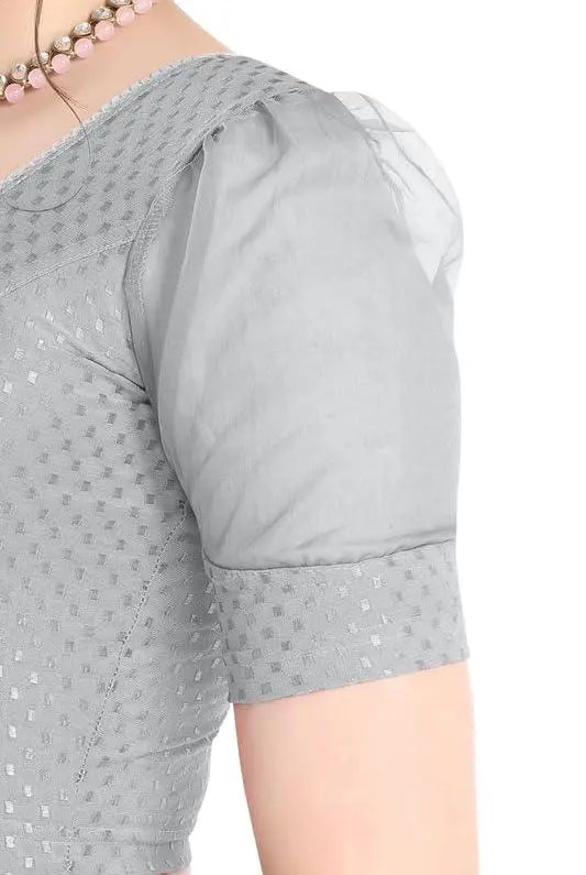 FINESTFIT Stay On Trend Latest Fashion 100% Cotton Dobby Readymade Blouses for Women,Round Neckline with Organza Balloon Sleeves.4520