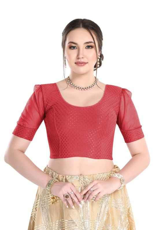 FINESTFIT Readymade Organza Balloon Sleeves Blouse for Women - 100% Cotton Dobby, Round Neckline, Latest Fashion 4520