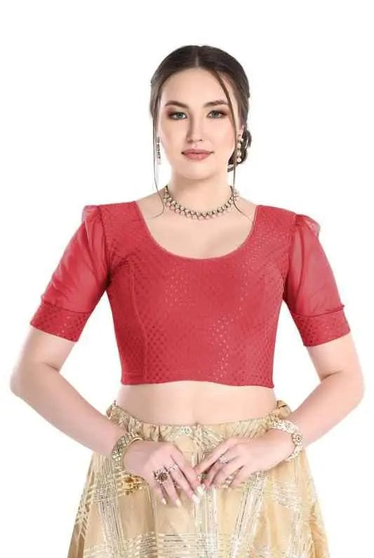 FINESTFIT Readymade Organza Balloon Sleeves Blouse for Women - 100% Cotton Dobby, Round Neckline, Latest Fashion 4520