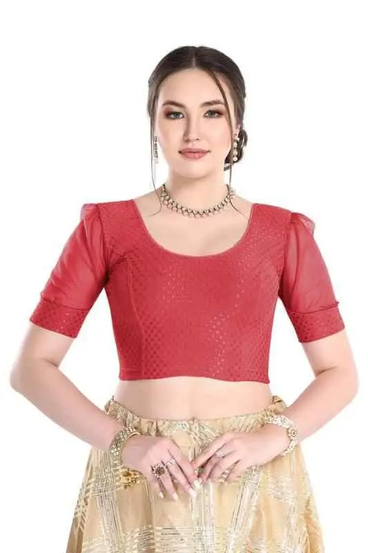 FINESTFIT Readymade Organza Balloon Sleeves Blouse for Women - 100% Cotton Dobby, Round Neckline, Latest Fashion 4520