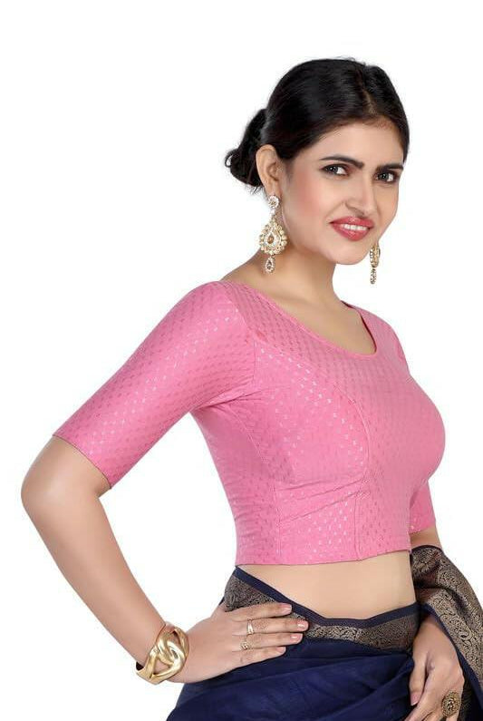 FINESTFIT Round Neck 100% Cotton Dobby Fabric Stretchable Elbow Sleeve Readymade Saree Blouse for Women.4096