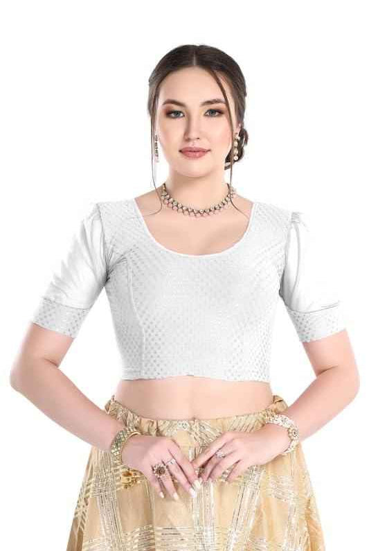 FINESTFIT Readymade Organza Balloon Sleeves Blouse for Women - 100% Cotton Dobby, Round Neckline, Latest Fashion 4520