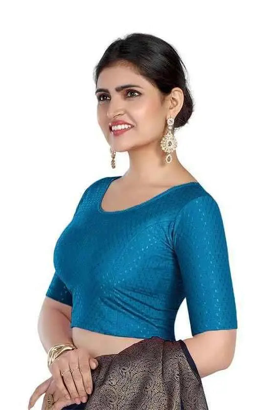 FINESTFIT 100% Cotton Fabric Stretchable Round Neck Elbow Sleeve Readymade Saree Blouse for Women - 4096 (Copy)