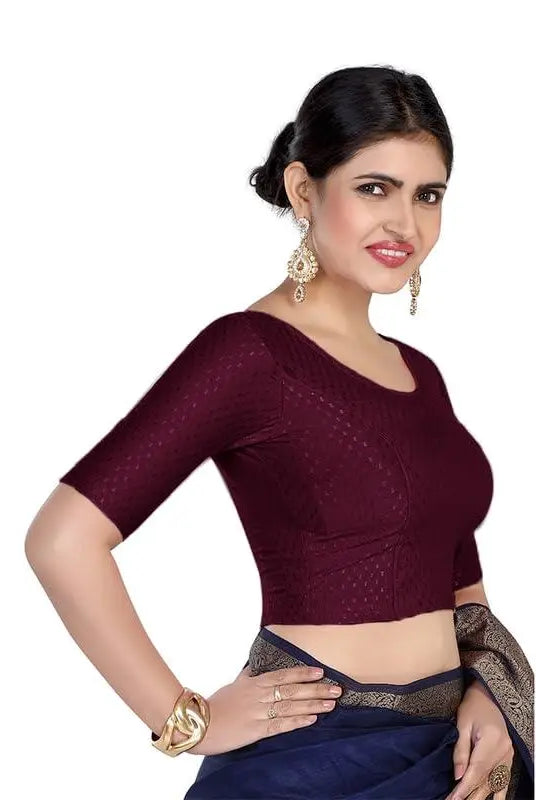 FINESTFIT Round Neck 100% Cotton Dobby Fabric Stretchable Elbow Sleeve Readymade Saree Blouse for Women.4096