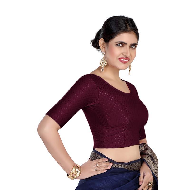 FINESTFIT Round Neck 100% Cotton Dobby Fabric Stretchable Elbow Sleeve Readymade Saree Blouse for Women.4096