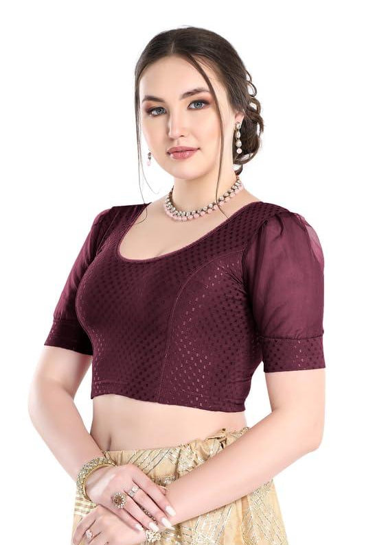 FINESTFIT Stay On Trend Latest Fashion 100% Cotton Dobby Readymade Blouses for Women,Round Neckline with Organza Balloon Sleeves.4520