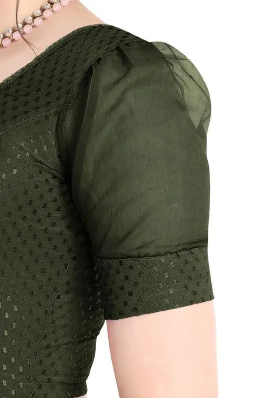 FINESTFIT Stay On Trend Latest Fashion 100% Cotton Dobby Readymade Blouses for Women,Round Neckline with Organza Balloon Sleeves.4520