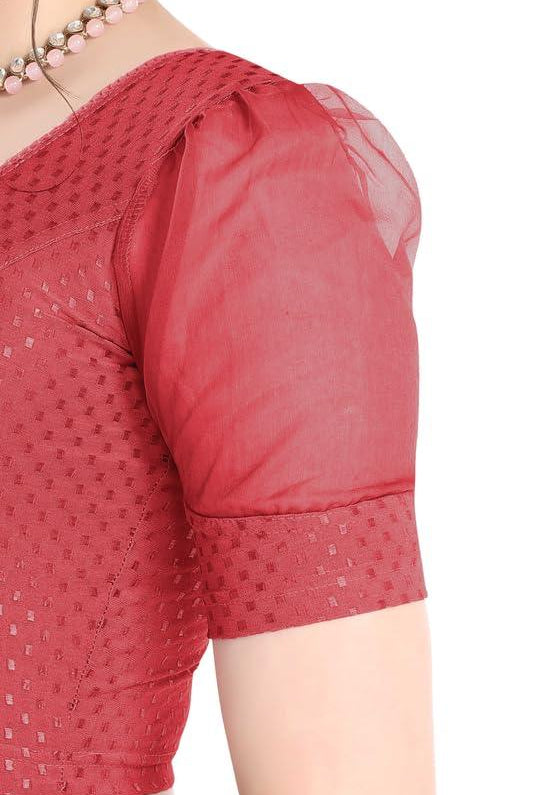 FINESTFIT Stay On Trend Latest Fashion 100% Cotton Dobby Readymade Blouses for Women,Round Neckline with Organza Balloon Sleeves.4520