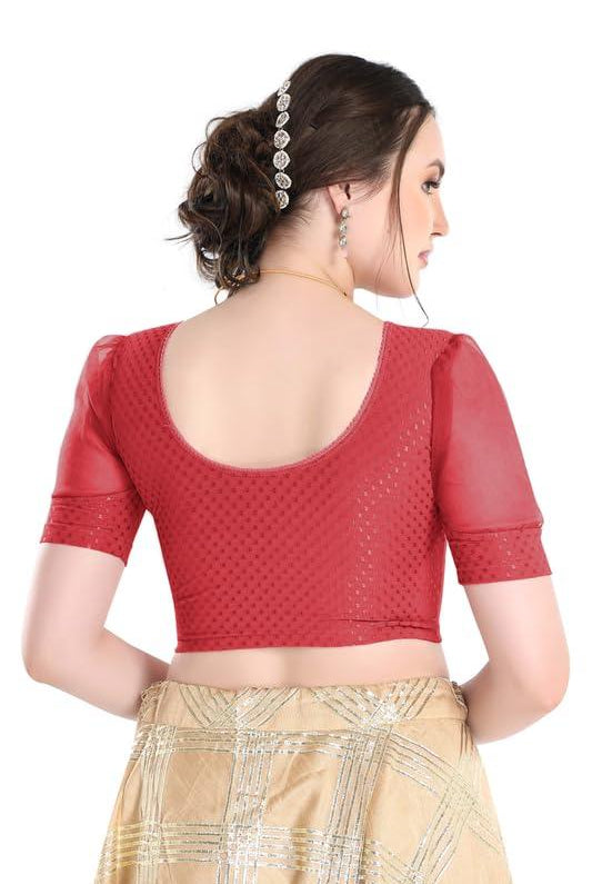 FINESTFIT Stay On Trend Latest Fashion 100% Cotton Dobby Readymade Blouses for Women,Round Neckline with Organza Balloon Sleeves.4520