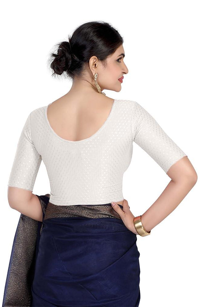 FINESTFIT Round Neck 100% Cotton Dobby Fabric Stretchable Elbow Sleeve Readymade Saree Blouse for Women.4096