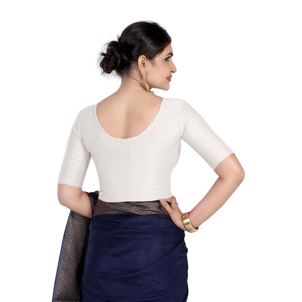 FINESTFIT Round Neck 100% Cotton Dobby Fabric Stretchable Elbow Sleeve Readymade Saree Blouse for Women.4096