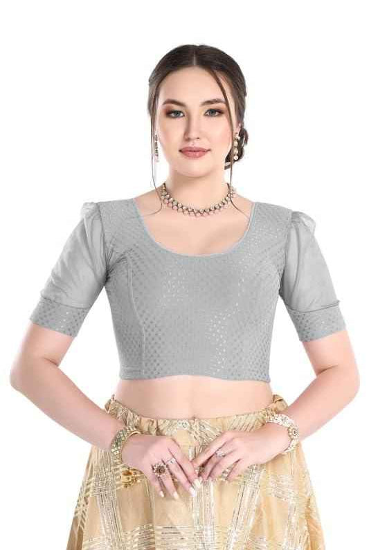 FINESTFIT Readymade Organza Balloon Sleeves Blouse for Women - 100% Cotton Dobby, Round Neckline, Latest Fashion 4520