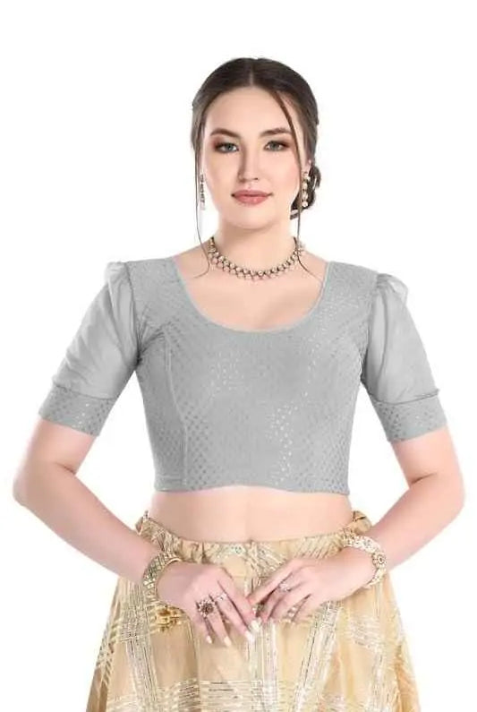 FINESTFIT Readymade Organza Balloon Sleeves Blouse for Women - 100% Cotton Dobby, Round Neckline, Latest Fashion 4520