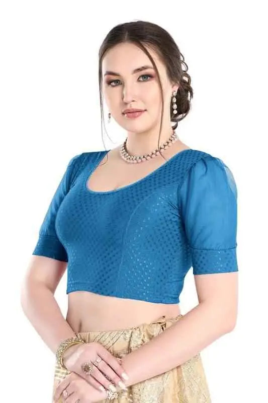 FINESTFIT Readymade Organza Balloon Sleeves Blouse for Women - 100% Cotton Dobby, Round Neckline, Latest Fashion 4520