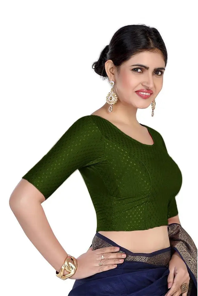 FINESTFIT Round Neck 100% Cotton Dobby Fabric Stretchable Elbow Sleeve Readymade Saree Blouse for Women.4096