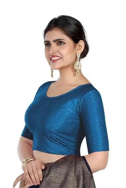 FINESTFIT 100% Cotton Fabric Stretchable Round Neck Elbow Sleeve Readymade Saree Blouse for Women - 4096 (Copy)