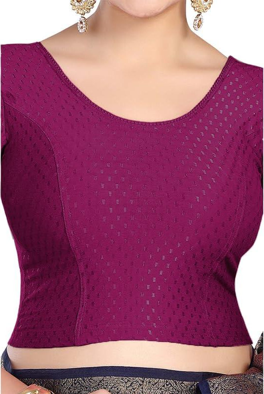 FINESTFIT Round Neck 100% Cotton Dobby Fabric Stretchable Elbow Sleeve Readymade Saree Blouse for Women.4096