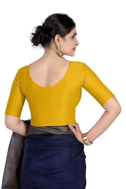 FINESTFIT Round Neck 100% Cotton Dobby Fabric Stretchable Elbow Sleeve Readymade Saree Blouse for Women.4096