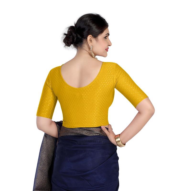 FINESTFIT Round Neck 100% Cotton Dobby Fabric Stretchable Elbow Sleeve Readymade Saree Blouse for Women.4096