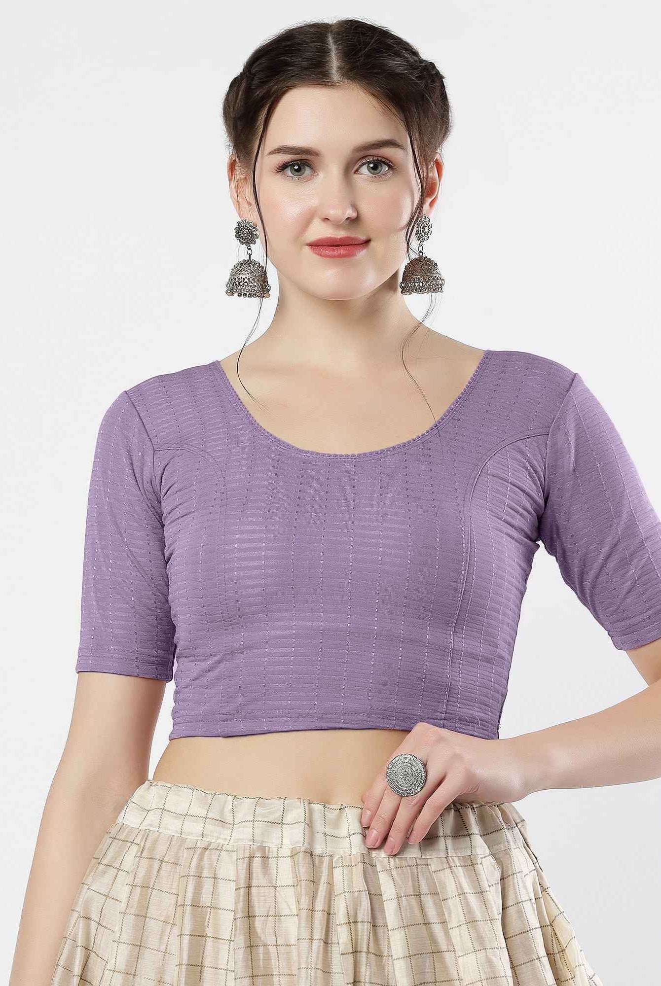 Stay On Trend: Latest Fashion Readymade Blouses for Women,round neckline,elbow sleeves with back details with an added hand dyed patch applique stitched on the net .40005